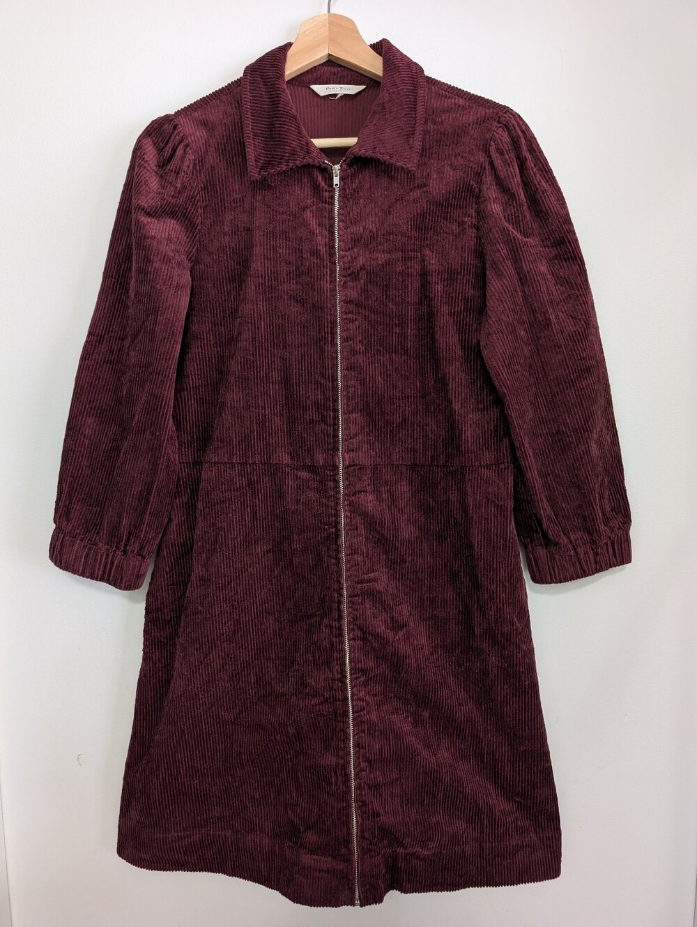 Part Two Medium Corduroy Jacket Burgundy Long Zip 3/4 Sleeve Coat A-line Flare